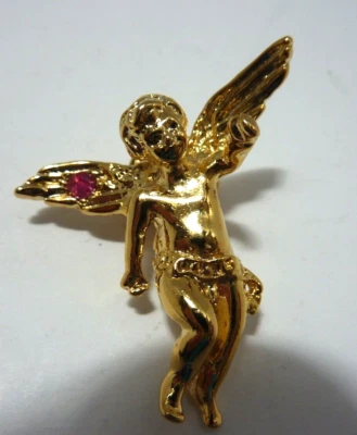 Gold Tone Angel Cherub Pin with Ruby Red Stone Lapel Pin Pinback - Image 1 of 4