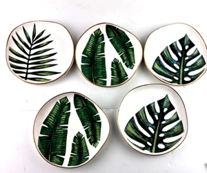 Set of 5 Ceramic Green Leaf Odd Shape Plates for Decor Use Only Gold Trim 6.5" - Picture 1 of 8