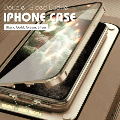 360° Double-Sided Glass Metal Case For iPhone 15 14 Pro Max 13 12 Buckle Cover - Image 1 of 4