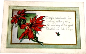 Antique Christmas Postcard 1920s Red Poinsettias Green border Whitney Unused - Picture 1 of 8