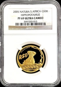 2005 GOLD SOUTH AFRICA 50 RAND NATURA HIPPOPOTAMUS COIN NGC PROOF 69 ULTRA CAMEO - Picture 1 of 3