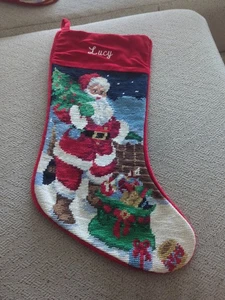 Vintage Lillian Vernon Christmas Stocking Wool Needlepoint Santa -Lucy - Picture 1 of 4