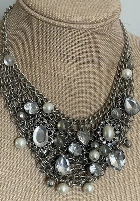 "Collar babero grueso vanguardista cadena tono plata vidrio imitación perla cuentas acrílicas 20""" Foto 1 de 4