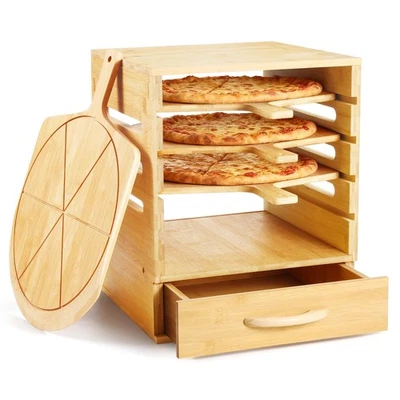 Estante de madera para pizza con cajón de especias, incluye 4 x 12 pulgadas antiadherente para pizza B... Foto 1 de 4