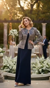 Conjunto de 3 piezas maxi falda traje azul marino con dorado, ropa de noche, tallas grandes para mujer - Imagen 1 de 4