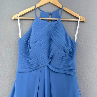 AW Bridal Halter Dress Blue Sleeveless Pleated Chiffon Long Bridesmaid Formal - Image 1 of 4