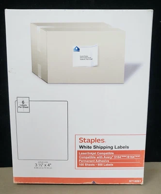 Staples White Shipping Labels- 100 Sheets, 6 labels a sheet, 600 labels total - Image 1 of 3