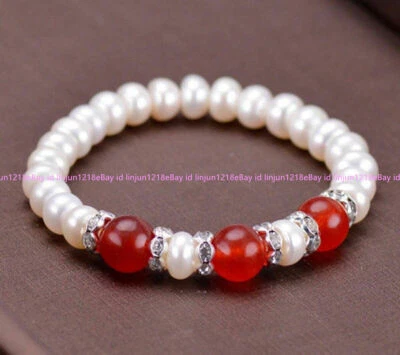 Модные женские 7-8 мм белый жемчуг и 10 мм красный нефрит эластичный браслет 7,5'' - Изображение 1 из 4