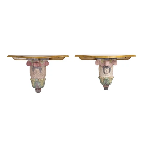 Pair Antique Hand Carved Italian Folk Art Wall Bracket Shelves Cover