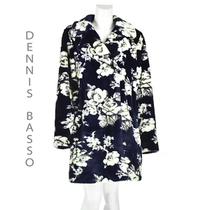 DENNIS BASSO Blue Fun Fur Walking Coat with White Floral Pattern SIZE L NWOT - Picture 1 of 8
