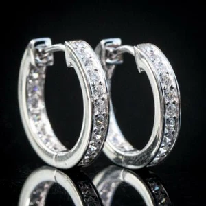 Men Women Iced White Gold Plated Huggie Hoop CZ Sliver Round Earrings - Picture 1 of 3