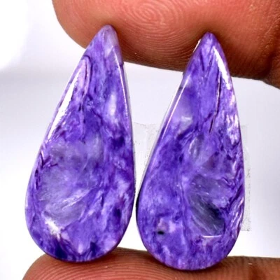 ¡Par de pendientes! Cabujón de pera Charoite 100 % piedras preciosas naturales 26,40 quilates Foto 1 de 3
