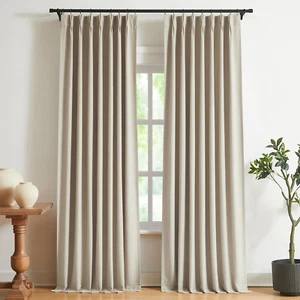 Sand Pinch Pleated Full Blackout Curtains Linen Blended Room Darkening Window Cu - Picture 1 of 12