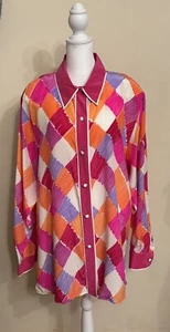 Bob Mackie Wearable Art Luxus 100 % Seide bunte Knopfleiste Bluse Größe XL - Bild 1 von 9