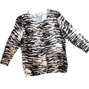 Talbots Größe Small elfenbein hellbraun schwarz Tiger Rundhals 3/4 Ärmel Strick Cardigan - Bild 1 von 6