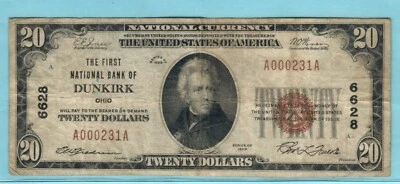 Dunkirk OHIO Chtr 6628 $20 1929-1 The First Nat'l Bank of Dunkirk: Truly RARE! - Image 1 of 2
