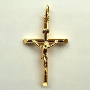 9ct 9k Gold 3D round Crucifix Jesus pendant INRI 4.5cm plus 7mm bail Italy LARGE - Picture 1 of 3