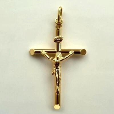 Colgante Jesús Crucifijo Redondo 3D Oro 9ct 9k INRI 4,5 cm más 7 mm Fianza Italia GRANDE Foto 1 de 3