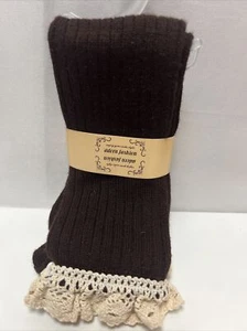 Adorn Cotton Blend Knee High Boot Socks Brown with Cream Lace Top One Size - Picture 1 of 6