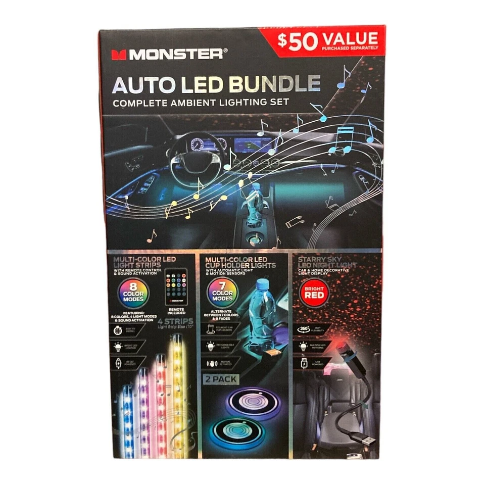 Monster Auto PAQUETE DE LUCES LED VALOR $50 JUEGO COMPLETO DE LUCES AMBIENTALES - NUEVO Foto 1 de 4