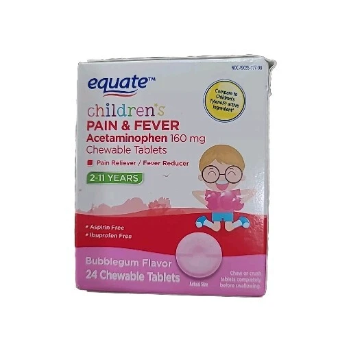 Equate Children's Pain & Fever Bubblegum Flavor 24 Chewable Tablets, EXP 12/2026 - Image 1 of 1
