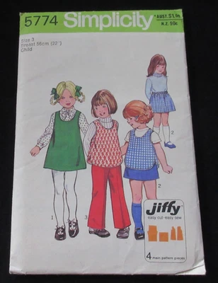 VINTAGE~SIMPLICITY PATTERN #5774~GIRLS JIFFY JUMPER~TUNIC~PANTS~SKIRT~SZ 3~1975 - image 1 of 2