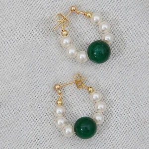 Orecchini pendenti perle gemme giada verde 6 mm bianche rotonde imitazione perle 10 mm - Foto 1 di 2