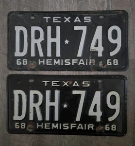 Vintage Pair of 1968 Texas Hemisfair License Plates DRH 749 Auto Memorabilia - Picture 1 of 2