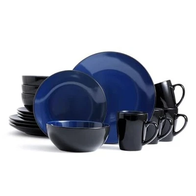  16 Piece Round Kitchen Dinnerware Set, Blue and Black, round blue and black - Image 1 of 4