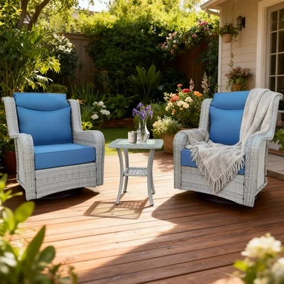 3 PIEZAS Sillas de Mimbre para Patio Balancín Giratorio, Sofá Mecedor Giratorio Exterior con Cojín Foto 1 de 4