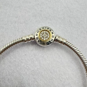 Pandora Signature Two Tone Clasp Sterling Silver 14k Gold Bracelet CZ 6.9 in - Picture 1 of 10