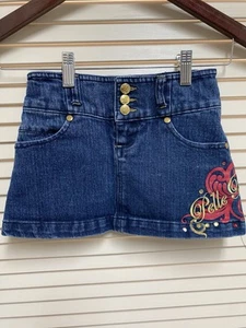 Pelle Pelle Girls Denim Mini Skirt Size 5 Red Gold Embroidered Scroll Studs Y2K - Picture 1 of 16