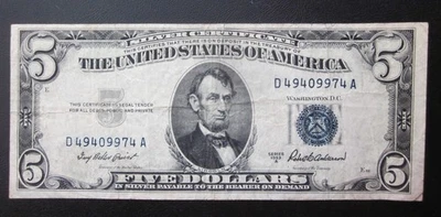 1953 A $5 SILVER CERTIFICATE FIVE DOLLARS BLUE SEAL BANKNOTE  OLD US NOTE - Image 1 of 2