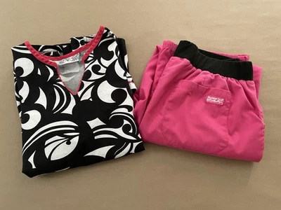 Womens UA Scrubs black and white shirt pink trim & medium butter soft pink pants - Image 1 of 4