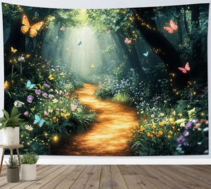 Colorful Wildflower Butterfly Green Forest Tapestry for Bedroom Living Room Dorm - Picture 1 of 13