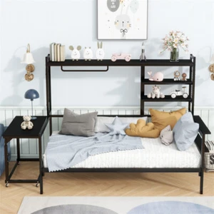 Twin Size Metal Daybed with Movable Desk, Storage Shelves & Clothes Hanger-Black - Picture 1 of 13