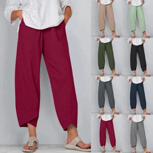 Summer Womens Ladies Cotton Linen Baggy Casual Harem Pants Trousers Plus Size - Picture 1 of 21
