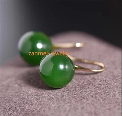 Preciosos pendientes de gancho colgantes de jade verde real de 8 mm 14k para mujer Foto 1 de 4