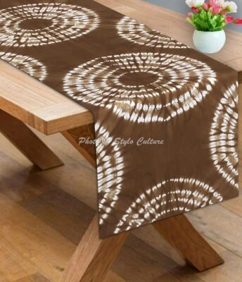 Indian Cotton Canvas Table Runner Shibori Brown Circles Long Tie Dye Table Cover - Image 1 of 4
