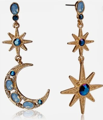Betsey Johnson 天体新月和星星不匹配悬垂耳环全新带标签 — 第 1/4 张图片