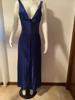 Vintage Vanity Fair Small Long Blue Nightgown V Front & Back With Front Slit - Image 1 of 4
