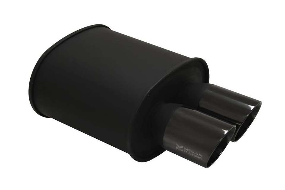 MEGAN 3.5" UNIVERSAL DUAL BLACK COATED ROLL TIPS MUFFLER 2.5" INLET - Image 1 of 1