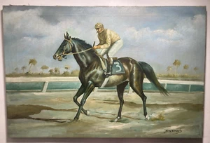 Dipinto olio originale d'epoca paesaggio, pista cavallo fantino equino -firmato - Foto 1 di 13