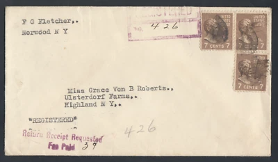 US 1940 7c Prexie NY Cover, 15 Registry - Image 1 of 2