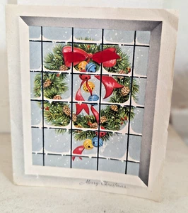 Vintage 1940's Christmas Wreath Baubles Window Used Greeting Card EB10142 - Picture 1 of 2