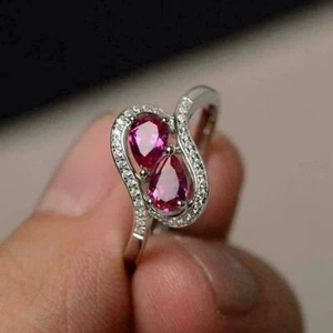 2.50 Ct Pear Cut Simulated Red Ruby Two Stone Swirl Ring 14K White Gold Finish - Picture 1 of 4