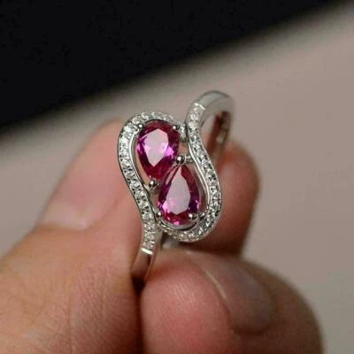 2.50 Ct Pear Cut Simulated Red Ruby Two Stone Swirl Ring 14K White Gold Finish - Image 1 of 4