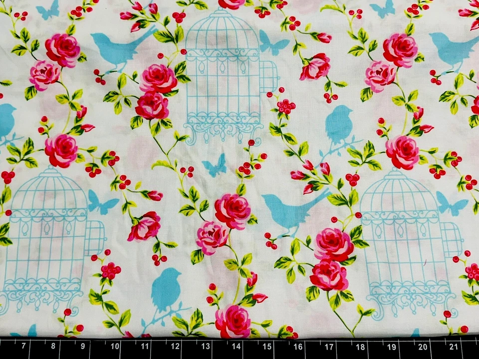 Fat Quarter 18"x21" Birdcage Tweet Rose Birdy Bird Spring Flowers FABRIC COTTON - Image 1 of 1