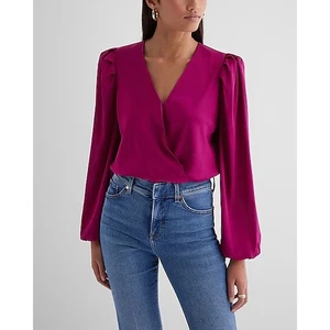 Express Satin Balloon Sleeve Faux Wrap Front Bodysuit M - Picture 1 of 5
