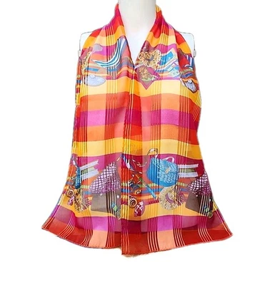 De colección Años 90 Liz Claiborne Rojo/Naranja Conchas Playa Sombrero para el Sol Cuello Bufanda de Gasa Transparente Foto 1 de 4